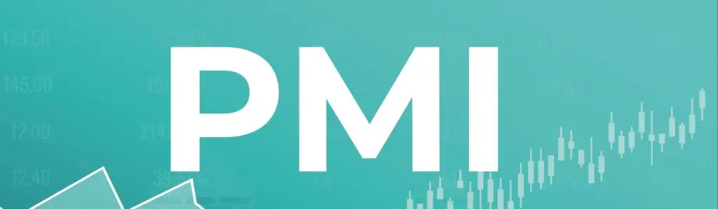 word pmi (purchasing managers index) on cyan finance background with line and chart. global economy concept