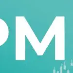 word pmi (purchasing managers index) on cyan finance background with line and chart. global economy concept